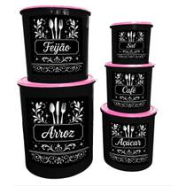 Kit Com 5 Potes Porta Mantimentos Redondos Decorados Para Cozinha Kit Com 5 Potes Porta Mantimentos Redondos Decorados Para Cozinha