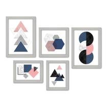 Kit Com 5 Quadros Decorativos - Abstrato - Geométrico - Rosa - Cinza - Azul - 405kq01b