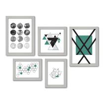 Kit Com 5 Quadros Decorativos - Abstrato Verde Geometria - 018kq01b