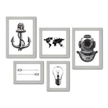 Kit Com 5 Quadros Decorativos - Âncora Flecha Mapa - 006kq01b