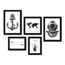 Kit Com 5 Quadros Decorativos - Âncora Flecha Mapa - 006kq01p