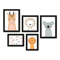 Kit Com 5 Quadros Decorativos - Animais - Infantil - Baby - Bebê - 411kq01p
