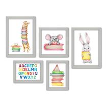Kit Com 5 Quadros Decorativos - Animais - Livros - Infantil - Educação - 323kq01b