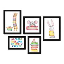 Kit Com 5 Quadros Decorativos - Animais - Livros - Infantil - Educação - 323kq01p