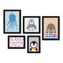 Kit Com 5 Quadros Decorativos - Animais Marinhos - Mar - Infantil - Baby - Bebê - 309kq01p