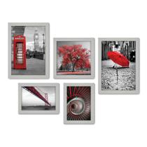 Kit Com 5 Quadros Decorativos - Árvore - Cidade - Preto e Branco com Vermelho - Sala - 293kq01b
