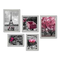 Kit Com 5 Quadros Decorativos - Árvore - Flor - Borboleta - Preto e Branco com Rosa - Sala - 295kq01b Kit Com 5 Quadros Decorativos - Árvore - Flor - Borboleta - Preto e Branco com Rosa - Sala - 295kq01b