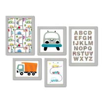Kit Com 5 Quadros Decorativos - Carrinhos - Alfabeto - Infantil - Baby - 327kq01b