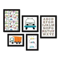Kit Com 5 Quadros Decorativos - Carrinhos - Alfabeto - Infantil - Baby - 327kq01p