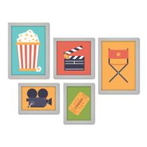 Kit Com 5 Quadros Decorativos - Cinema - Projetor - Filmes - Sala - 231kq01b