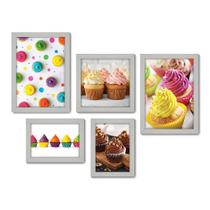 Kit Com 5 Quadros Decorativos - Cupcake Doceria Lanchonete Cozinha - 117kq01b