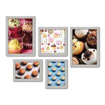 Kit Com 5 Quadros Decorativos - Cupcake Doceria Lanchonete Cozinha - 121kq01b