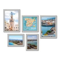 Kit Com 5 Quadros Decorativos - Espanha Paisagem Mundo Mapa - 148kq01b Kit Com 5 Quadros Decorativos - Espanha Paisagem Mundo Mapa - 148kq01b
