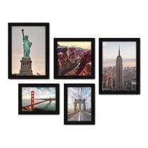 Kit Com 5 Quadros Decorativos - Estados Unidos - Pontos Turísticos - Nova Iorque São Francisco Estátua Canyon - 271kq01p