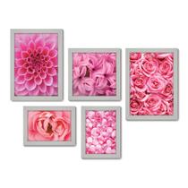 Kit Com 5 Quadros Decorativos - Floral Flores Rosas Rosa - 100kq01b Kit Com 5 Quadros Decorativos - Floral Flores Rosas Rosa - 100kq01b