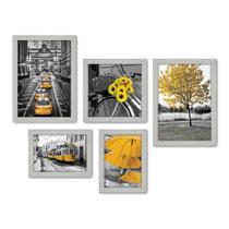 Kit Com 5 Quadros Decorativos - Flores - Cidade - Árvores - Preto e Branco com Amarelo - Sala - 297kq01b