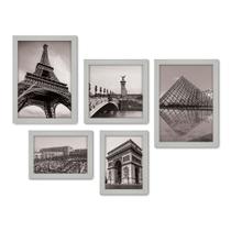 Kit Com 5 Quadros Decorativos - França - Cidades - Torre Eiffel Arco do Triunfo Louvre - Pontos Turísticos - Preto e Branco - 278kq01b