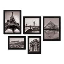 Kit Com 5 Quadros Decorativos - França - Cidades - Torre Eiffel Arco do Triunfo Louvre - Pontos Turísticos - Preto e Branco - 278kq01p