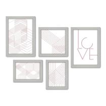 Kit Com 5 Quadros Decorativos - Geométrico - Abstrato - Linhas - Love - 380kq01b