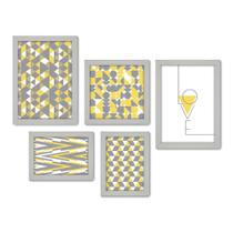 Kit Com 5 Quadros Decorativos - Geométrico - Abstrato - Love - Cinza e Amarelo - 384kq01b