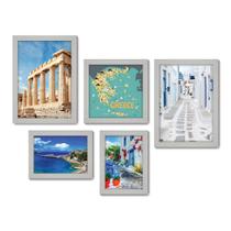 Kit Com 5 Quadros Decorativos - Grécia Mar Mykonos Mapa - 150kq01b Kit Com 5 Quadros Decorativos - Grécia Mar Mykonos Mapa - 150kq01b