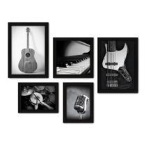 Kit Com 5 Quadros Decorativos - Instrumentos Musicais - Música - Escola de Música - Sala - 158kq01p