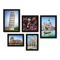 Kit Com 5 Quadros Decorativos - Itália - Cidades - Pontos Turísticos - Roma Pisa Veneza Milão Florença - 273kq01p