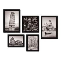 Kit Com 5 Quadros Decorativos - Itália - Cidades - Pontos Turísticos - Roma Pisa Veneza Milão Florença - Preto e Branco - 274kq01p
