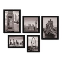 Kit Com 5 Quadros Decorativos - Londres - Inglaterra - Viagem - Preto e Branco - 342kq01p