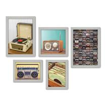 Kit Com 5 Quadros Decorativos - Rádio - Fita - Vinil - Vitrola - Vintage - 172kq01b - Allodi