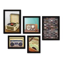 Kit Com 5 Quadros Decorativos - Rádio - Fita - Vinil - Vitrola - Vintage - 172kq01p - Allodi