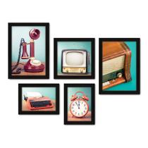 Kit Com 5 Quadros Decorativos - Rádio - Televisão - Telefone - Máquina de Escrever - Vintage - Sala - 170kq01p
