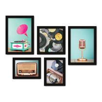 Kit Com 5 Quadros Decorativos - Rádio - Vitrola - Microfone - Vinil - Vintage - 171kq01p - Allodi