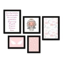 Kit Com 5 Quadros Decorativos - Santo Anjo - Infantil - Menina - Baby - Bebê - 319kq01p
