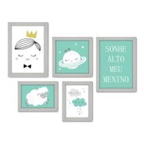 Kit Com 5 Quadros Decorativos - Sonhe Alto Meu Menino - Infantil - Bebê - Baby - 308kq01b