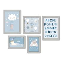Kit Com 5 Quadros Decorativos - Ursinhos - Infantil - Balões - Nuvens - Alfabeto - Azul - 413kq01b