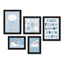 Kit Com 5 Quadros Decorativos - Ursinhos - Infantil - Balões - Nuvens - Alfabeto - Azul - 413kq01p