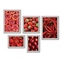 Kit Com 5 Quadros Decorativos - Vermelho Cozinha Frutas Legumes - 095kq01b