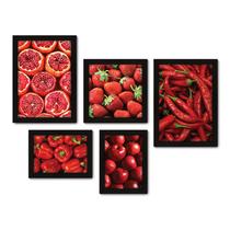 Kit Com 5 Quadros Decorativos - Vermelho Cozinha Frutas Legumes - 095kq01p