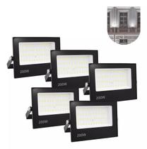 Kit com 5 refletores led 200w bivolt à prova d'água luz branco frio ip67 carcaça preta