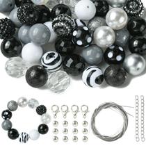 Kit com 50 Miçangas Acrílicas Pretas e Brancas - 20mm