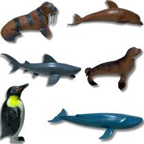 Kit Com 6 Animais Mundo Marinho Fundo Do Mar De Plástico Foca Baleia Tubarão Pinguim Golfinho Realista Coloridos