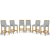 Kit Com 6 Banquetas Eloá Madeira Maciça Assento Estofado Para Bancada Linho Cinza 407