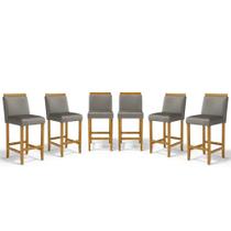 Kit Com 6 Banquetas Eloá Madeira Maciça Assento Estofado Para Bancada Veludo Chumbo 109