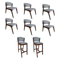 Kit com 6 Cadeiras Kethellen Premium com 2 Banquetas Ana em Madeira Maciça Mel Linho Cinza Kit com 6 Cadeiras Kethellen Premium com 2 Banquetas Ana em Madeira Maciça Mel Linho Cinza