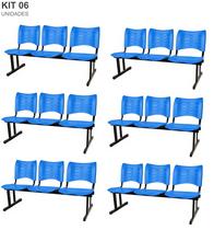 Kit com 6 Cadeiras Longarina PLÁSTICA 03 Lugares Cor Azul Mastcmol