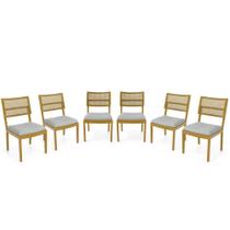 Kit Com 6 Cadeiras Milena Madeira Maciça Assentos Estofados Encostos De Tela Palha Sextavada Linho Cinza 407