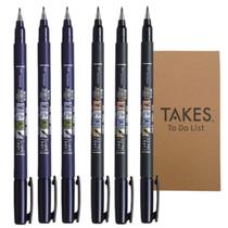Kit com 6 canetas pincel Fudenosuke pretas, com bloco de notas de lista de tarefas Takes - Canetas para caligrafia e desenhos artísticos (3 macias + 3 firmes)
