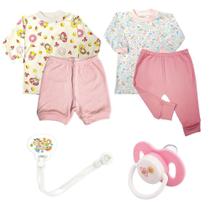 Kit Com 6 Peças Camisetas Short Mijão Chupetas e Prendedor