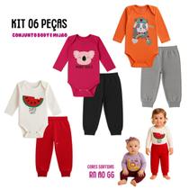 Kit com 6 peças Roupa Bebê Body e Mijão com punhos, Menino e Menina Suedine 100% algodão, Enxoval Atacado Recém Nascido, P M G e GG Kit com 6 peças Roupa Bebê Body e Mijão com punhos, Menino e Menina Suedine 100% algodão, Enxoval Atacado Recém Nascido, P M G e GG